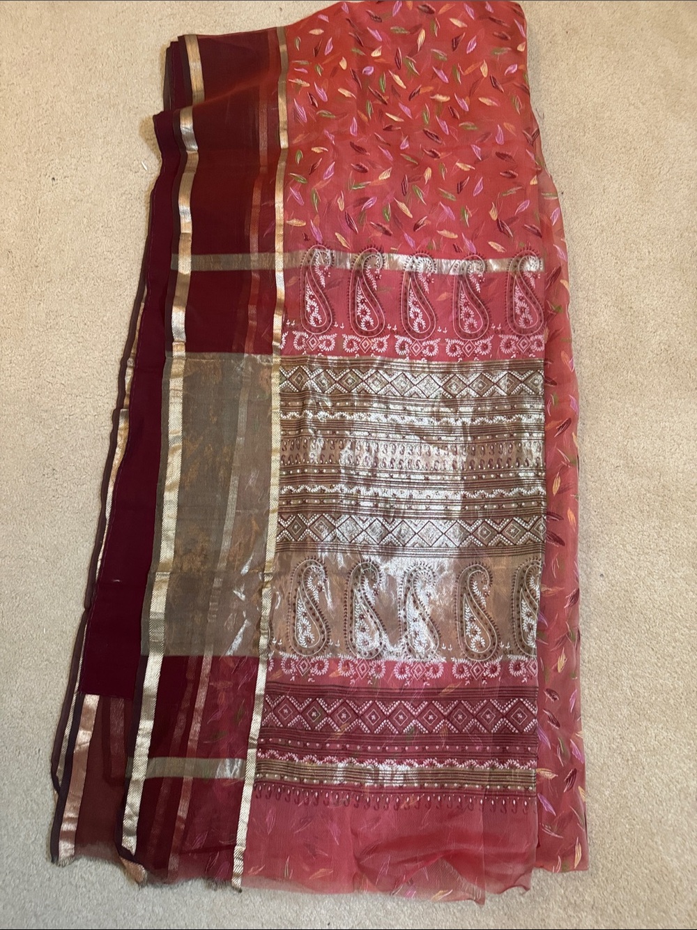 Hand painted handloom rustic red Saree with Gold Accent with fall on bottom
